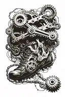 foot ripped open and you look into a drivetrain of bikechains and cassettes etc tattoo design idea