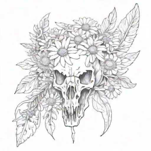 daisies, horse skull and feathers  tattoo design idea