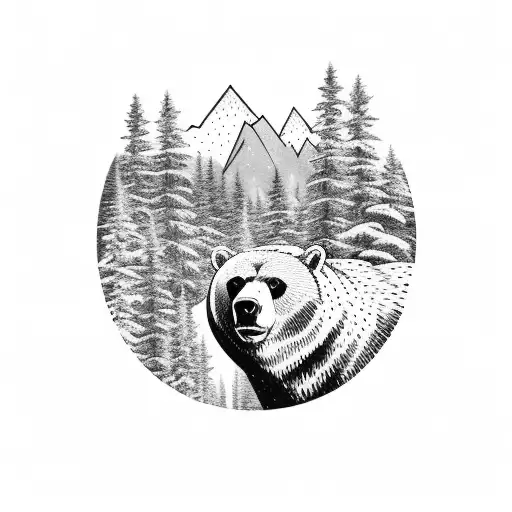 a field with forest around it and mountains in background and a bear walking toured the mountains with an eagle flying o tattoo design idea