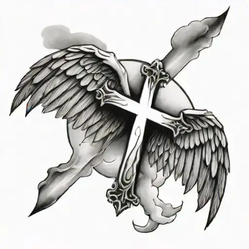 Wings with a cross in the middle with background being clouds and small rays of sunshine, with 2 small stars  tattoo design idea