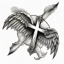 Wings with a cross in the middle with background being clouds and small rays of sunshine, with 2 small stars  tattoo design idea