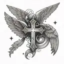 Wings with a cross in the middle with background being clouds and small rays of sunshine, with 2 small stars  tattoo design idea