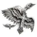 Wings with a cross in the middle with background being clouds and small rays of sunshine, with 2 small stars  tattoo design idea