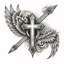 Wings with a cross in the middle with background being clouds and small rays of sunshine, with 2 small stars  tattoo design idea