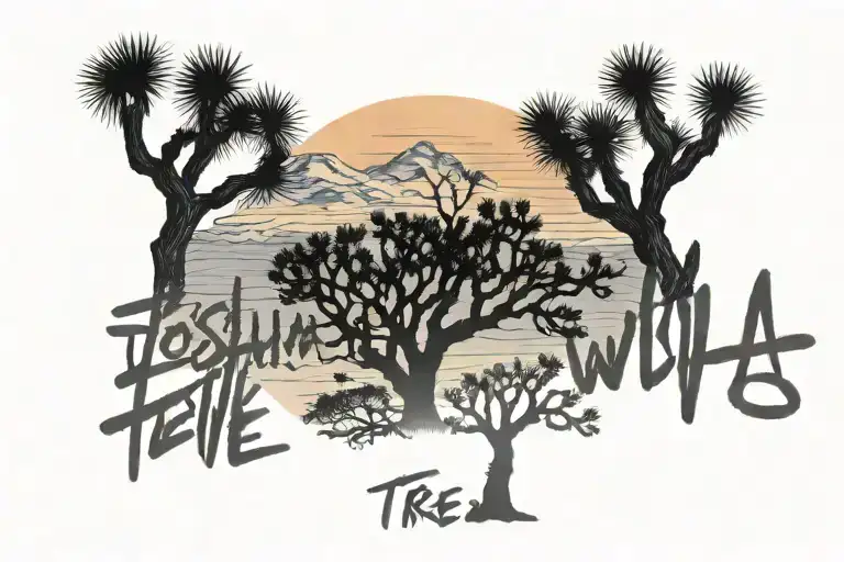 Joshua tree with vivid sunset behind it. A wild wolf and the name Joshua written under the tree. To be tattoo on the che tattoo design idea