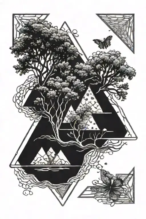 trees, water, honey comb triangle tattoo design idea