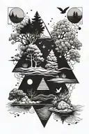 trees, water, honey comb triangle tattoo design idea
