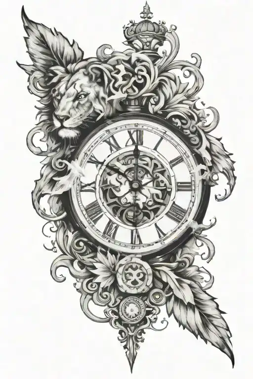 clock with a random time, date set as 23/5/1944 - 27/3/2024, random design in between, one woman's eye blended into lion tattoo design idea