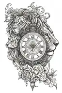 clock with a random time, date set as 23/5/1944 - 27/3/2024, random design in between, one woman's eye blended into lion tattoo design idea
