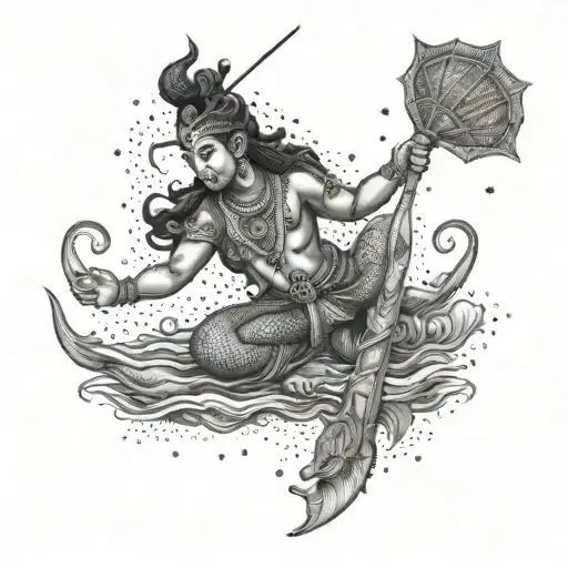 A dotwork illustration of a Hindu deity like Vishnu or Shiva fishing in a cosmic ocean, blending spirituality with the client's love for fishing tattoo design idea
