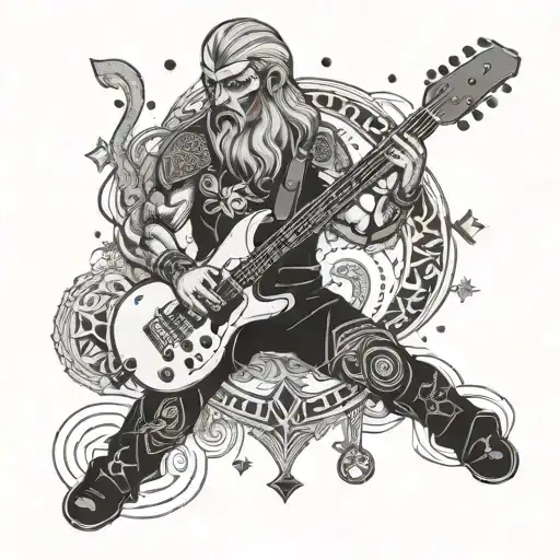 A Nordic warrior playing an electric guitar, surrounded by stand-up comedy props and symbols tattoo design idea
