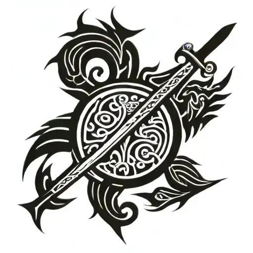 A maori tribal design incorporating elements of viking culture such as swords and battle scenes tattoo design idea
