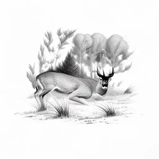 A hunter hidden among tall grass, aiming at a deer in the distance tattoo design idea
