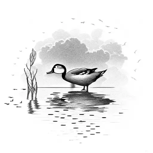 A peaceful scene of a hunter sitting by a tranquil pond, surrounded by ducks tattoo design idea
