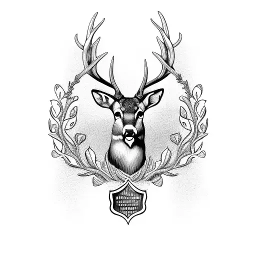 A detailed illustration of a trophy buck with intricate antlers tattoo design idea