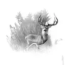 A hunter hidden among tall grass, aiming at a deer in the distance tattoo design idea