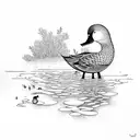 A peaceful scene of a hunter sitting by a tranquil pond, surrounded by ducks tattoo design idea