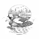 A peaceful scene of a hunter sitting by a tranquil pond, surrounded by ducks tattoo design idea