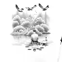 A peaceful scene of a hunter sitting by a tranquil pond, surrounded by ducks tattoo design idea