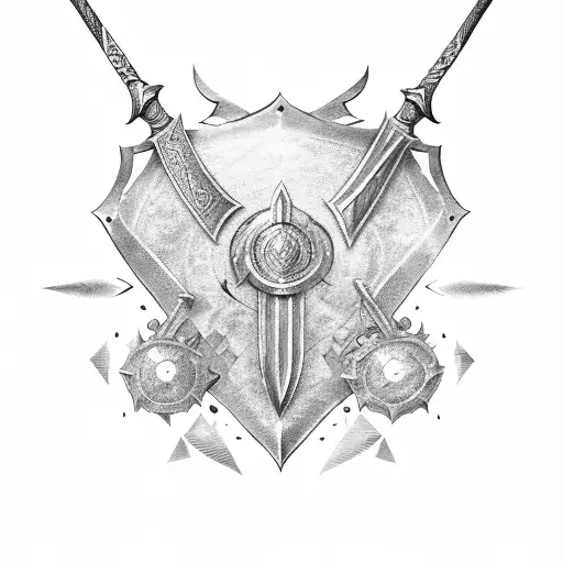 A warrior clad in armor, wielding a sword and shield, standing in front of a shattered Elden Ring tattoo design idea
