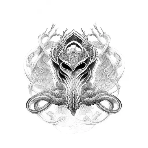 A collection of iconic symbols from Elden Ring, intricately designed in a blackwork pattern tattoo design idea