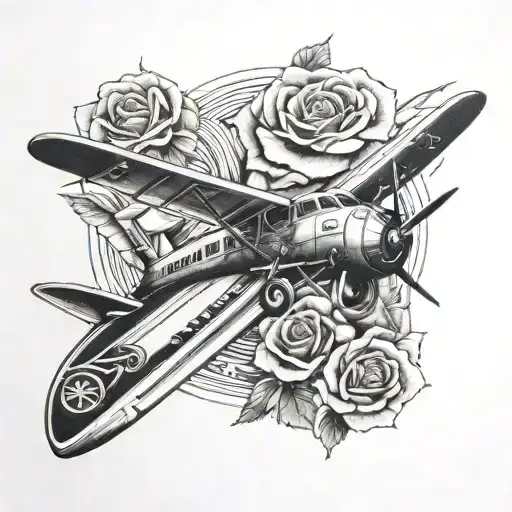 airplane, surf, engineer, roses tattoo design idea