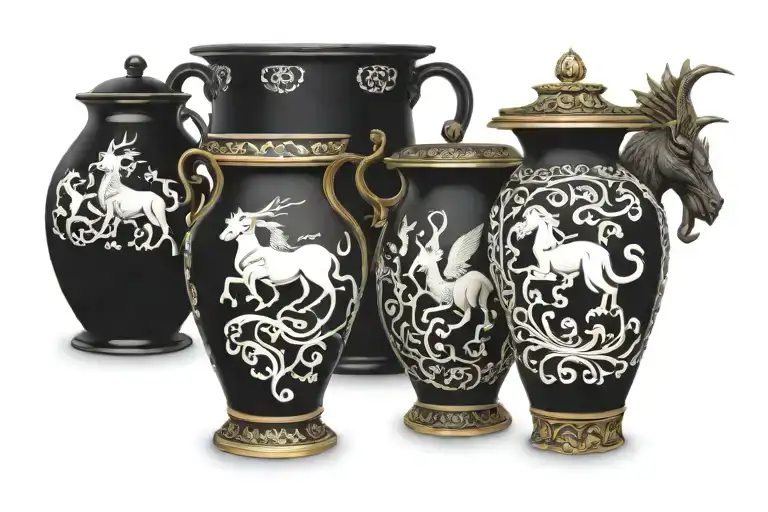 greek pots with goat, dragon , monkey and rabbit designs  tattoo design idea