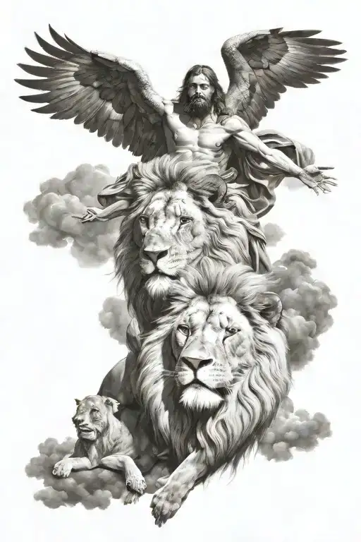 lion and jesus arriving at sky tattoo design idea