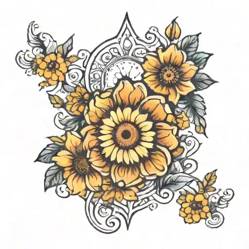 Matching sun and mood with february and december birth flowers tattoo design idea