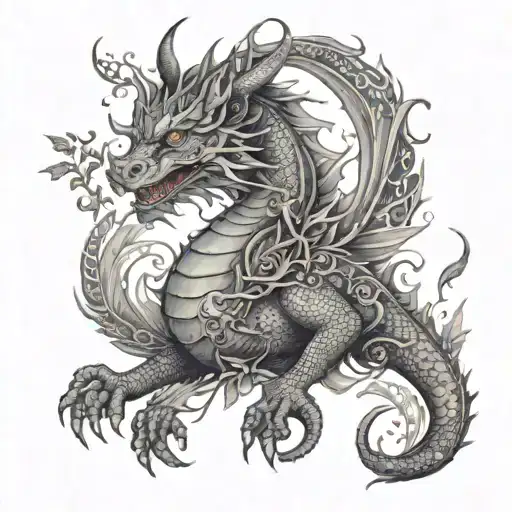 european dragon with cats, birds and plants  tattoo design idea