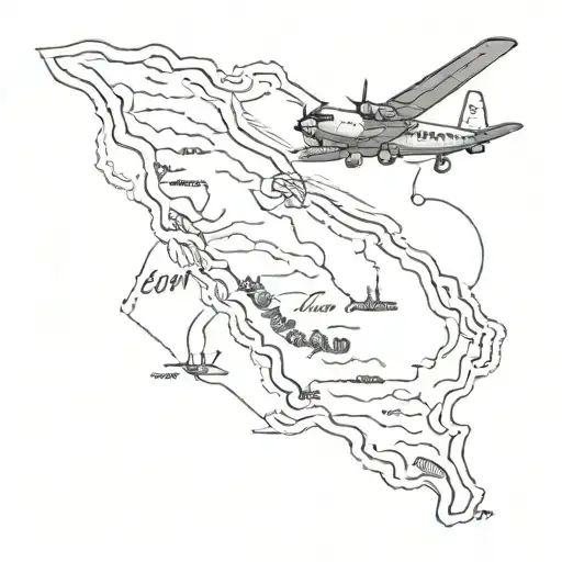 A stylized map of New Zealand with a plane flying over it, honoring the client's occupation as an aeronautical engineer and their favorite destination tattoo design idea
