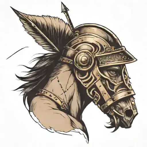 half horse half man with gladiator helmet with arrow facing backwards  tattoo design idea