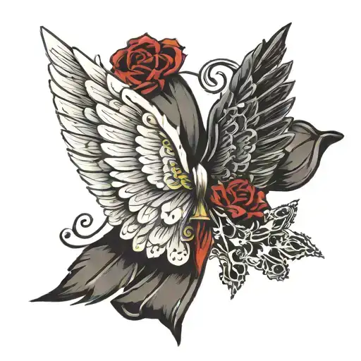 half bow is angel wing, half bow is devil wing attached tattoo design idea