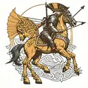 half horse with legs half man with gladiator helmet with arrow facing backwards  tattoo design idea