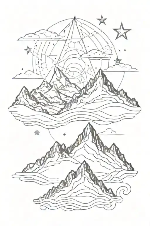 Alpine mountain silhouette, sea, geometric shapes overlapping and framing, space, two colored stars, playful, tattoo design idea