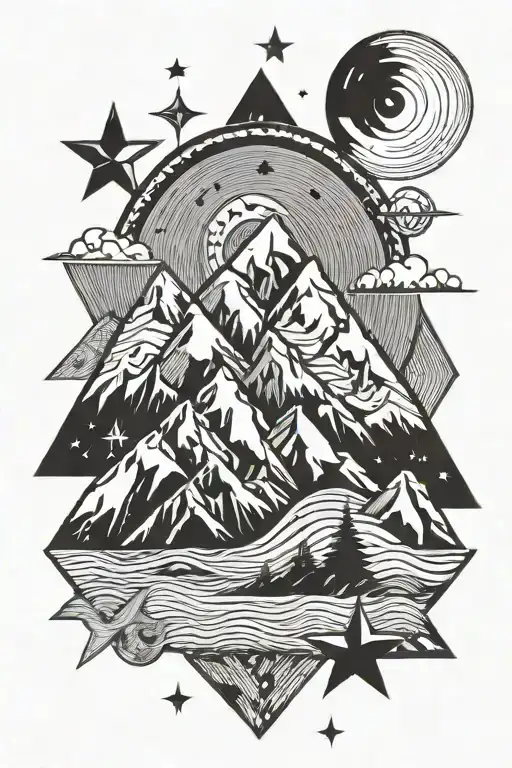 mountain silhouette, mirrored, waves, geometric shapes overlapping as space, interrupted lines, two fine coloured stars tattoo design idea