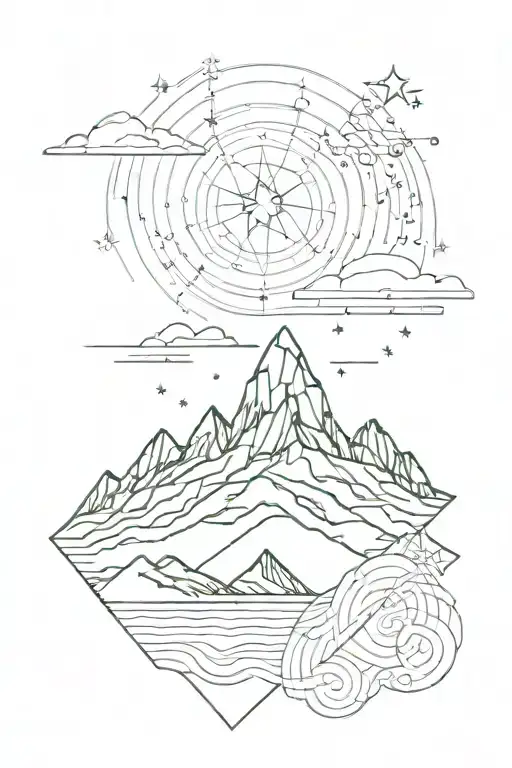 Alpine mountain silhouette, sea, geometric shapes overlapping and framing, space, two colored stars, playful, tattoo design idea