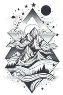 mountain silhouette, mirrored, waves, geometric shapes overlapping as space, interrupted lines, two fine coloured stars tattoo design idea
