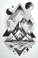 mountain silhouette, mirrored, waves, geometric shapes overlapping as space, interrupted lines, two fine coloured stars tattoo design idea