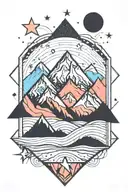 mountain silhouette, mirrored, waves, geometric shapes overlapping as space, interrupted lines, two fine coloured stars tattoo design idea