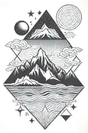 mountain silhouette, mirrored, waves, geometric shapes overlapping as space, interrupted lines, two fine coloured stars tattoo design idea