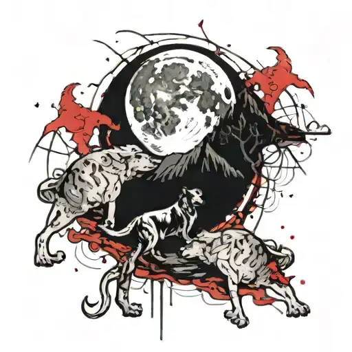 A traditional style moon tattoo with your 3 dogs howling at it from a computerized landscape tattoo design idea