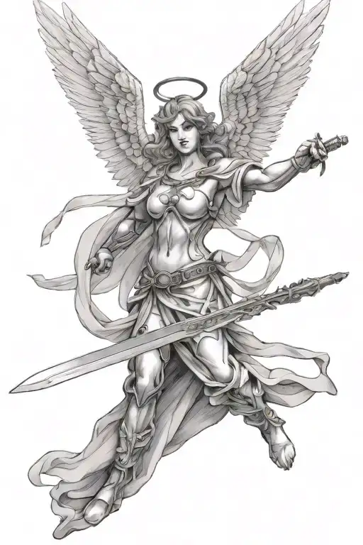 angel with wings holding a sword while hovering tattoo design idea