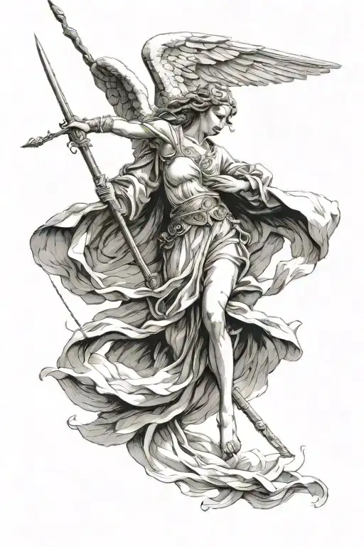 angel throwing down a spear while hovering tattoo design idea