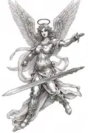 angel with wings holding a sword while hovering tattoo design idea