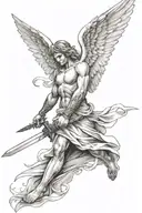 angel with wings holding a sword while hovering tattoo design idea