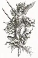 angel throwing down a spear while hovering tattoo design idea