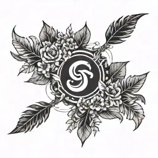 A leafy wreath with surfing elements and Greek symbols intertwined tattoo design idea