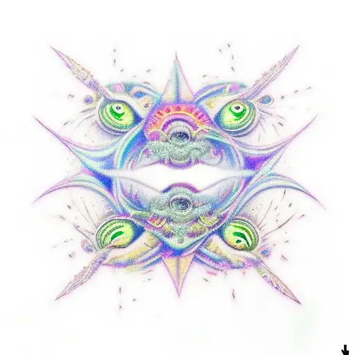 sexy women, vibrant colors, psychedelic scene with aliens, stars, and animals tattoo design idea