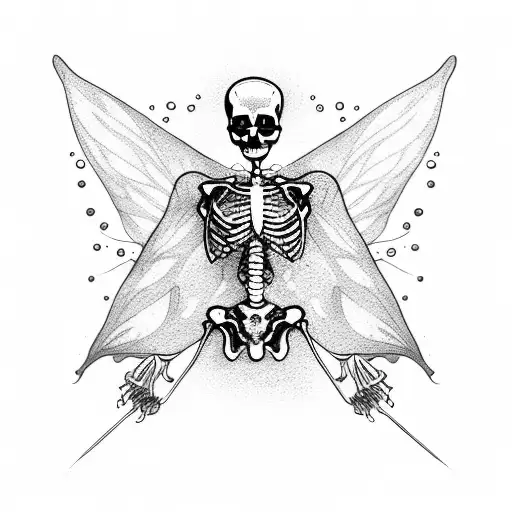 minimalist skeleton with fairy wings blowing bubbles tattoo design idea
